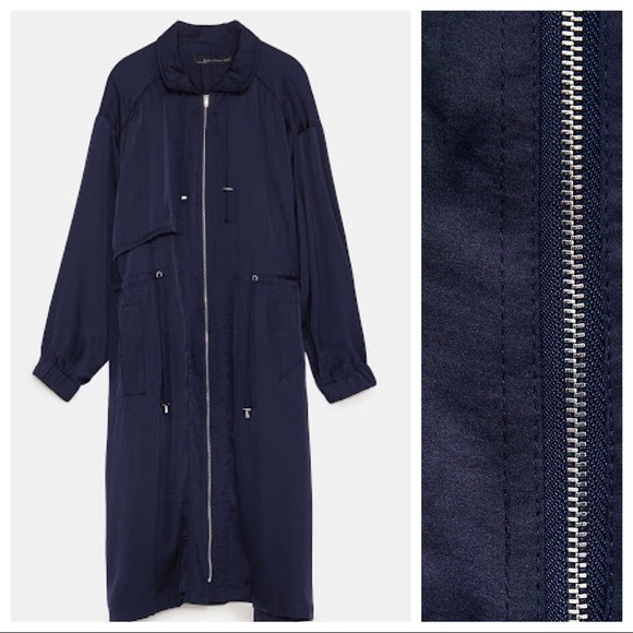 NWT. Zara Dark Blue Flowing Trench Coat. Size M-L. - Picture 5 of 8